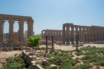 Karnak Temple in Luxor, Egypt. Entrance and Avenue of Sphinxes. Temple complex of Ancient Egypt in honor of the god Amun-Ra