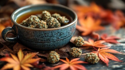 Cannabis tea in blue cup on autumn leaves