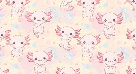 A kawaii axolotl pattern background with stars, hearts, and pastel bubbles