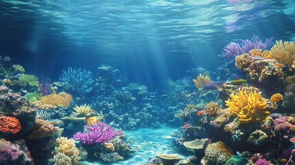 Naklejka premium Vibrant Underwater Coral Reef with Sunlight and Colorful Marine Life