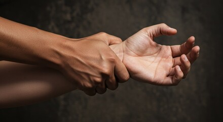 AI image horizontal view of a dark-skinned hand tightly gripping a lighter-skinned wrist, conveying dominance and struggle on dark background.