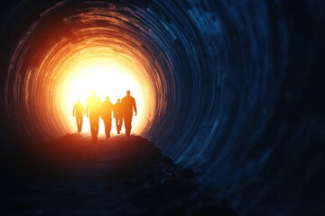 Naklejka premium People walking toward bright tunnel exit