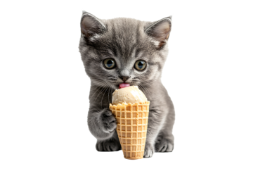 Gray kitten licking a vanilla ice cream cone isolated on transparent background
