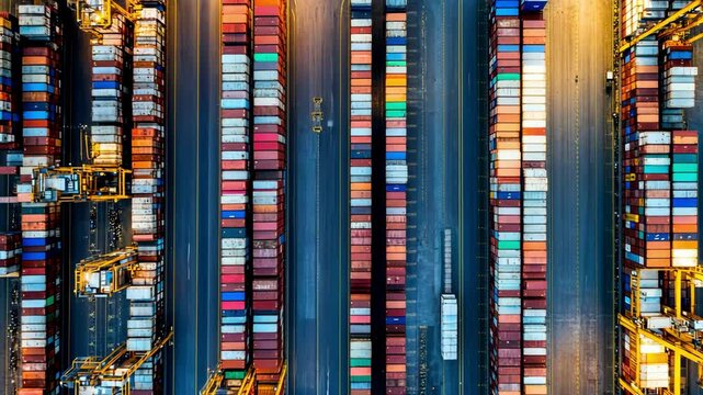 Aerial of shipping containers in rows at a dock