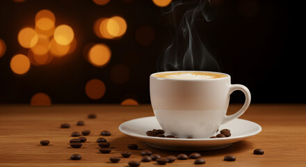 Fototapeta premium Close-up of Steaming White Coffee Cup with Scattered Beans on Wooden Table Against Blurred Bokeh Background