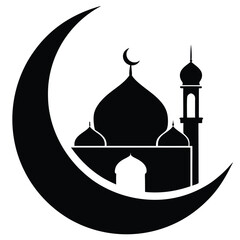 Black silhouette of mosque with crescent moon vector illustration.