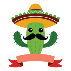 Cute Cactus Character With Sombrero And Ribbon Banner Illustration