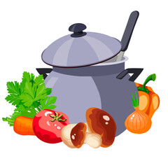 gray saucepan for food with vegetables and mushrooms