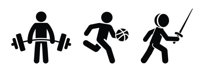stickman athlete icon set, man fencer, weightlifter and basketball player stick figure, human silhouettes