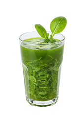 Refreshing green drink in a tall glass with a basil leaf garnish.  It looks healthy