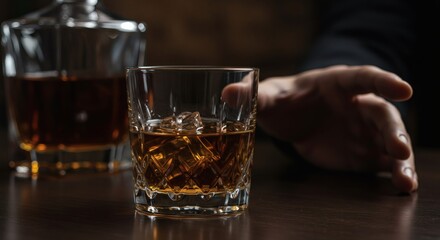 AI image of a glass of whiskey with ice, a decanter nearby, and a hand reaching, on a dark table.
