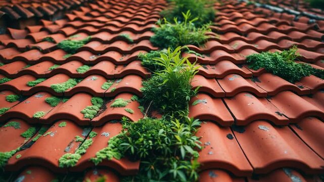 Red rooftop tiles with greenery and moss in the gaps, close-up