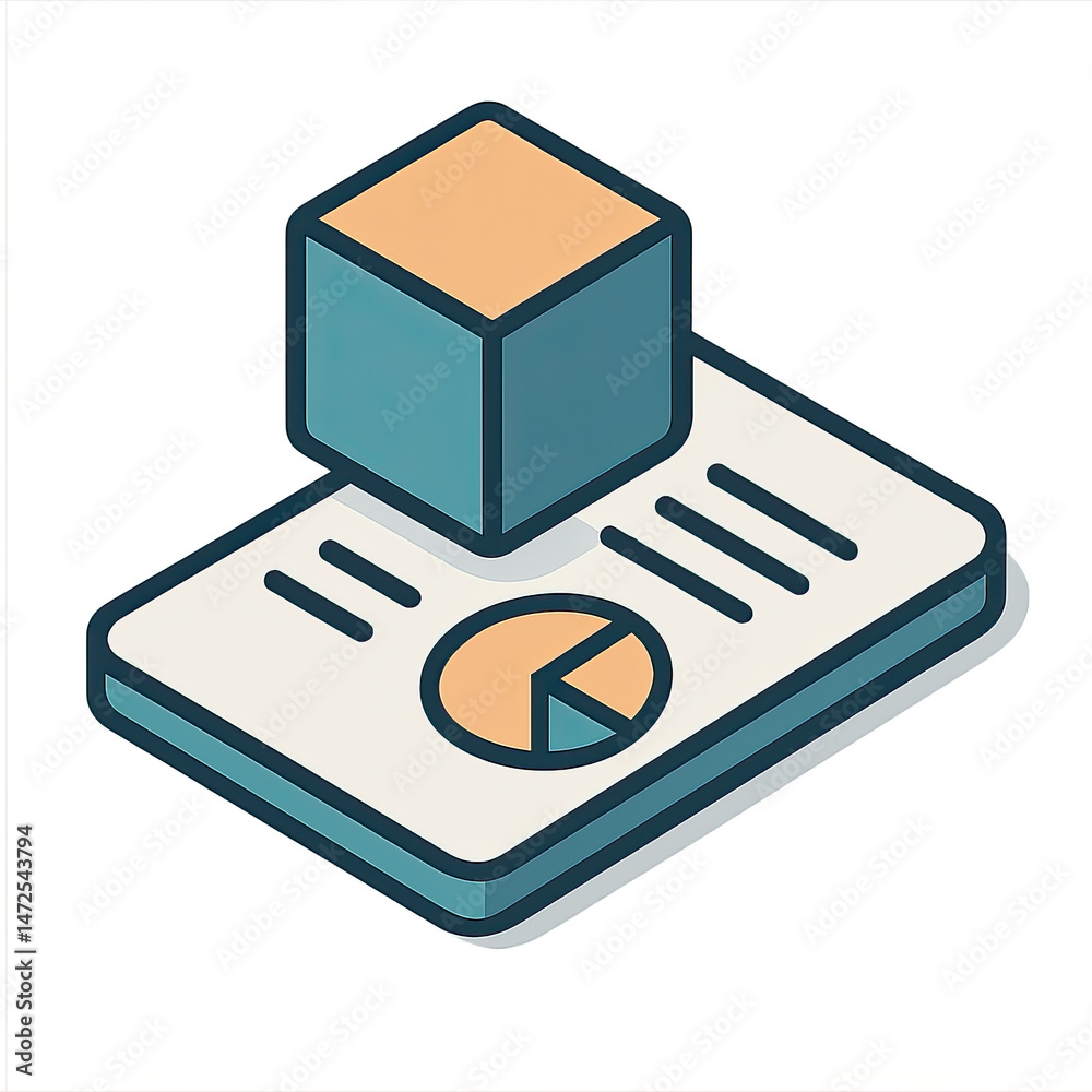Poster isometric illustration of a 3d cube on a data report showing a pie chart for business analytics and 