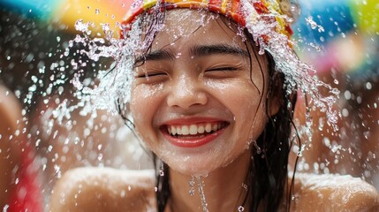 Obraz premium Happy Girl Water Splash Summer Fun Refreshing Water Joyful Expression