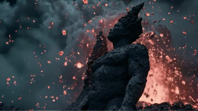 Dark figure amidst fiery volcanic eruption