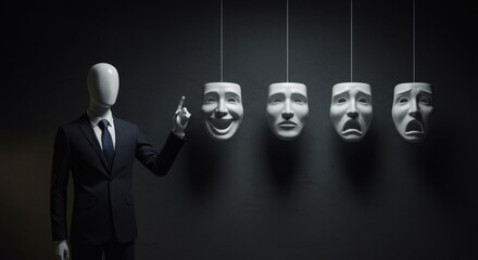 AI image of a faceless mannequin in a suit pointing towards hanging theatrical masks showing different emotions, symbolizing choice or facade.