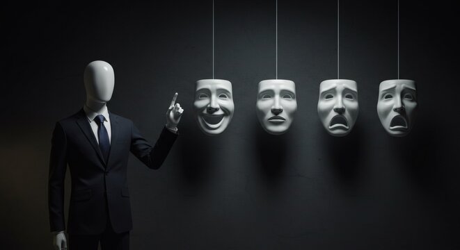 AI image of a faceless mannequin in a suit pointing towards hanging theatrical masks showing different emotions, symbolizing choice or facade.