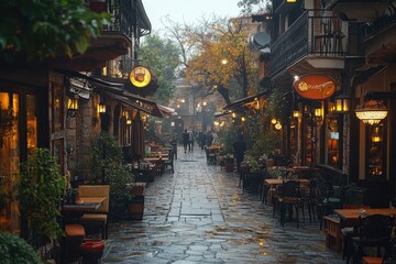 Fototapeta premium Cozy street lined with cafes and warm lights in a rainy atmosphere during evening hours