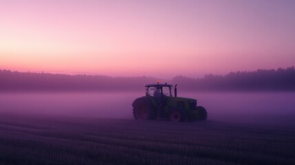 Fototapeta premium A lone tractor in a foggy field at dawn, its silhouette barely visible in the soft pink and purple light, against backdrop of trees.