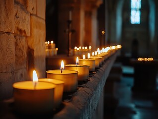 Warm candlelight glows in a row of small votives lining a stone ledge in a dimly lit, sacred, interior space