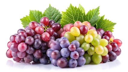 Fototapeta premium Fresh harvest of various grape varieties featuring vibrant colors and green leaves on white