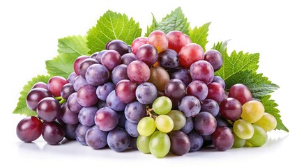Fototapeta premium Freshly harvested assortment of ripe grapes displayed with green leaves on white background