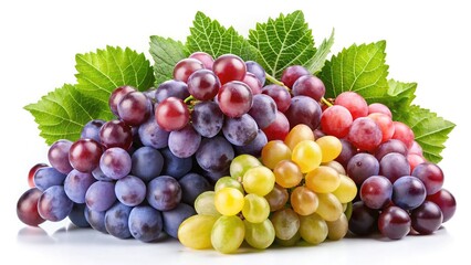 Fototapeta premium A bunch of fresh and colorful grapes with green leaves isolated on white