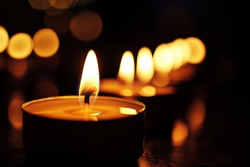 Glowing memorial candles burn brightly in remembrance and hope, casting soft light in the darkness