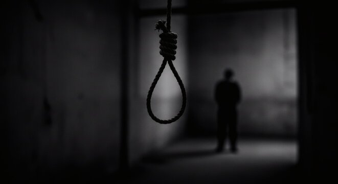 AI image of a hangman's noose in a dark, gritty hallway with a blurred human silhouette in the distant background.