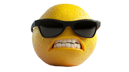 Cool lemon with sunglasses and angry expression against black background