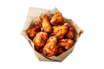 Fried chicken with red chili in paper bag  isolated on transparent background
