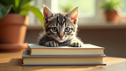 Tabby Kitten On Books- Indoor Setting