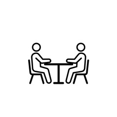 Two people discussing at a table in a minimalistic style  