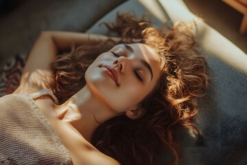 Fototapeta premium A young woman lying down, enjoying warm sunlight filtering through green leaves, creating a peaceful and serene atmosphere