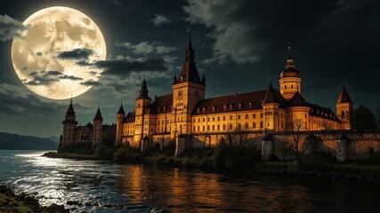 Naklejka premium Teutonic Order Castle by Moonlight on Nogat River