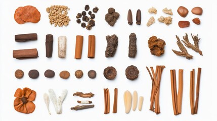 A collection of various spices and herbs arranged in an artistic layout, showcasing their diverse shapes and colors.