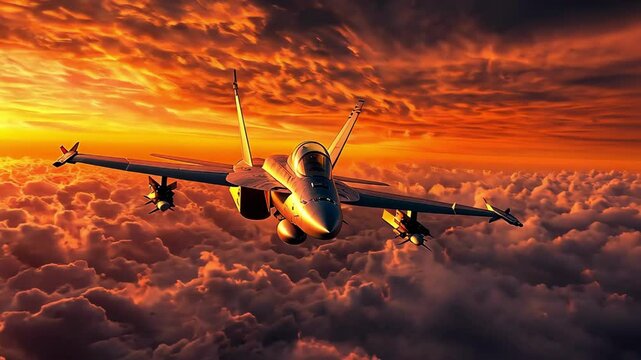Military aircraft flying through clouds at sunset