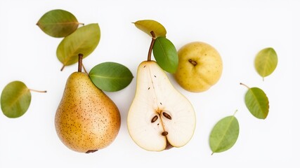 Three Pears with Leaves and Seeds on White Background