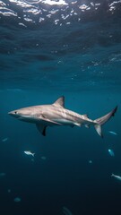 Fototapeta premium A majestic shark swims gracefully through clear blue waters, showcasing its sleek body and fins.