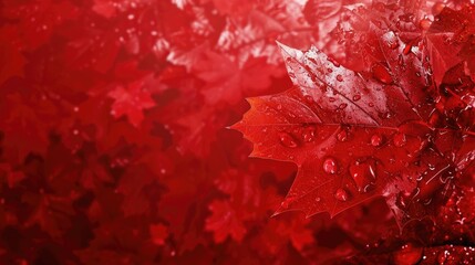 Victoria Day in Canada, red maple leaves, raindrops, abstract autumn red background, horizontal banner, copy space, free space for text