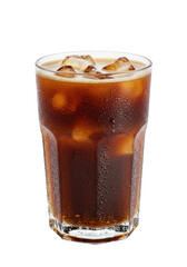 Refreshing iced coffee in a tall glass, with ice cubes and condensation. Dark brown liquid