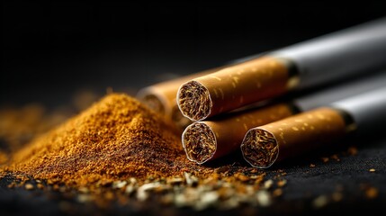 Golden cigarette ash on a pile of identical branded cigarettes with silver-gray tones on black background &ndash; concept image for smoking addiction and tobacco industry themes