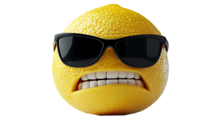 Angry lemon with sunglasses showing teeth on black background