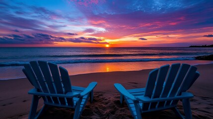 Serene Coastal Sunset: A Vibrant Sky and Beach Chairs Against the Horizon