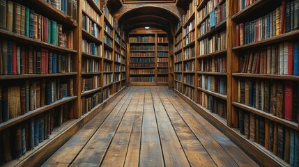 A long hallway lined with antique bookshelves.