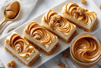 Creamy Caramel Dessert Bars with Swirls of Golden Caramel Sauce on a White Marble Surface for Tempting Indulgence Moments