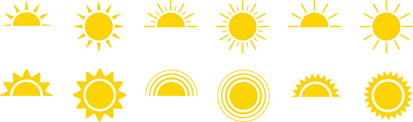 Yellow sun icon set, sunshine and solar glow, sunrise or sunset. Decorative circle full and half sun and sunlight.