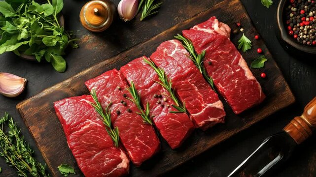 Fresh raw beef steaks with rosemary, garlic and peppercorns arranged on a rustic wooden cutting board.