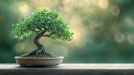 A miniature bonsai tree in a pot, vibrant green foliage, and a beautiful, intricate root system.  Natural light illuminates the scene