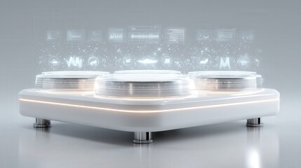 Futuristic digital scale displaying a collection of white buttons on a sleek white table for health and fitness monitoring